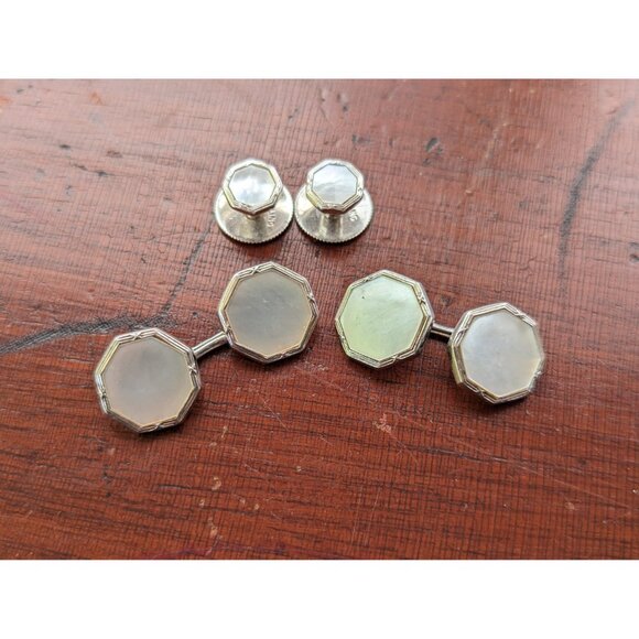 Vintage Art Deco Sterling silver and mother of pearl cufflinks and shirt studs, - Picture 2 of 8